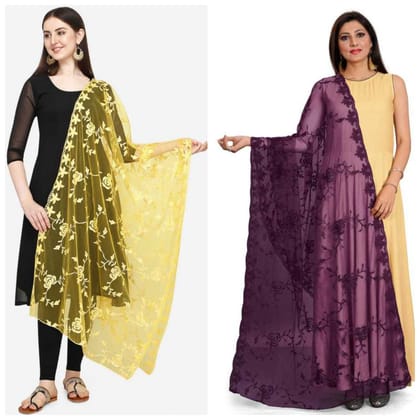 Kaaj Buttons Women's Net Fabric Embroidery Floral Work Combo Dupatta (Color :- Yellow & Purple)
