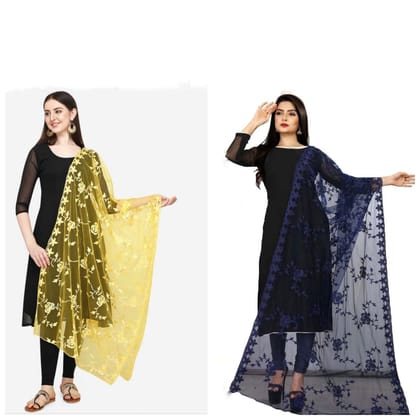 Kaaj Buttons Women's Net Fabric Embroidery Floral Work Combo Dupatta (Color :- Yellow & Navy-Blue)