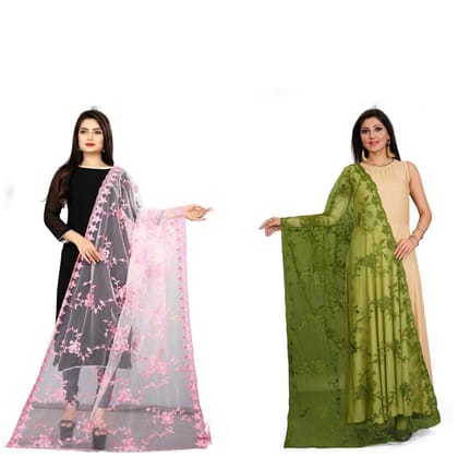 Kaaj Buttons Women's Net Fabric Embroidery Floral Work Combo Dupatta (Color :- Pink & Mehndi)