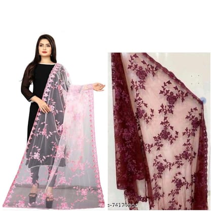 Kaaj Buttons Women's Net Fabric Embroidery Floral Work Combo Dupatta (Color :- Pink & Maroon)