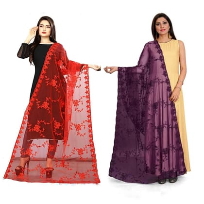 Kaaj Buttons Women's Net Fabric Embroidery Floral Work Combo Dupatta (Color :- Red & Purple)