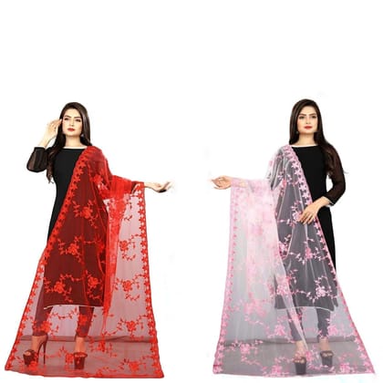 Kaaj Buttons Women's Net Fabric Embroidery Floral Work Combo Dupatta (Color :- Red & Baby-Pink)