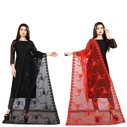 Kaaj Buttons Women's Net Fabric Embroidery Floral Work Combo Dupatta (Color :- Black & Red)