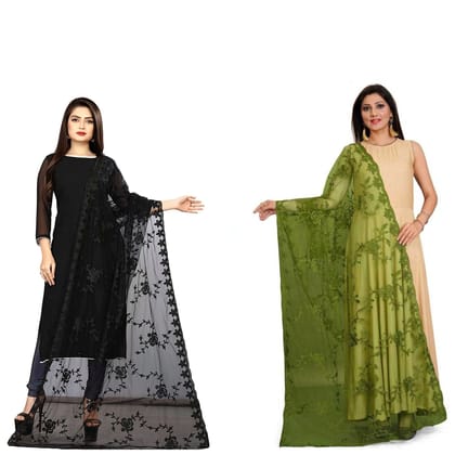 Kaaj Buttons Women's Net Fabric Embroidery Floral Work Combo Dupatta (Color :- Black & Mehndi)