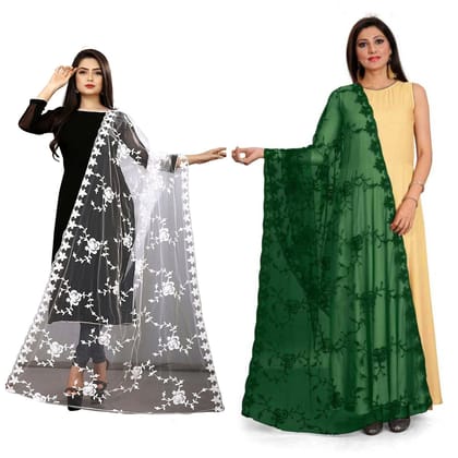 Kaaj Buttons Women's net fabric Embroidery floral work Combo Dupatta (Color :- White & Green)