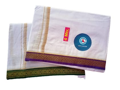 JINKA LAKSHMI COLLECTIONS Combo Handloom Pure Cotton Dhoti For Men With Borders 4 Meters Unstitched Pack of 2 (Multicolor-3) (Purple-Green)
