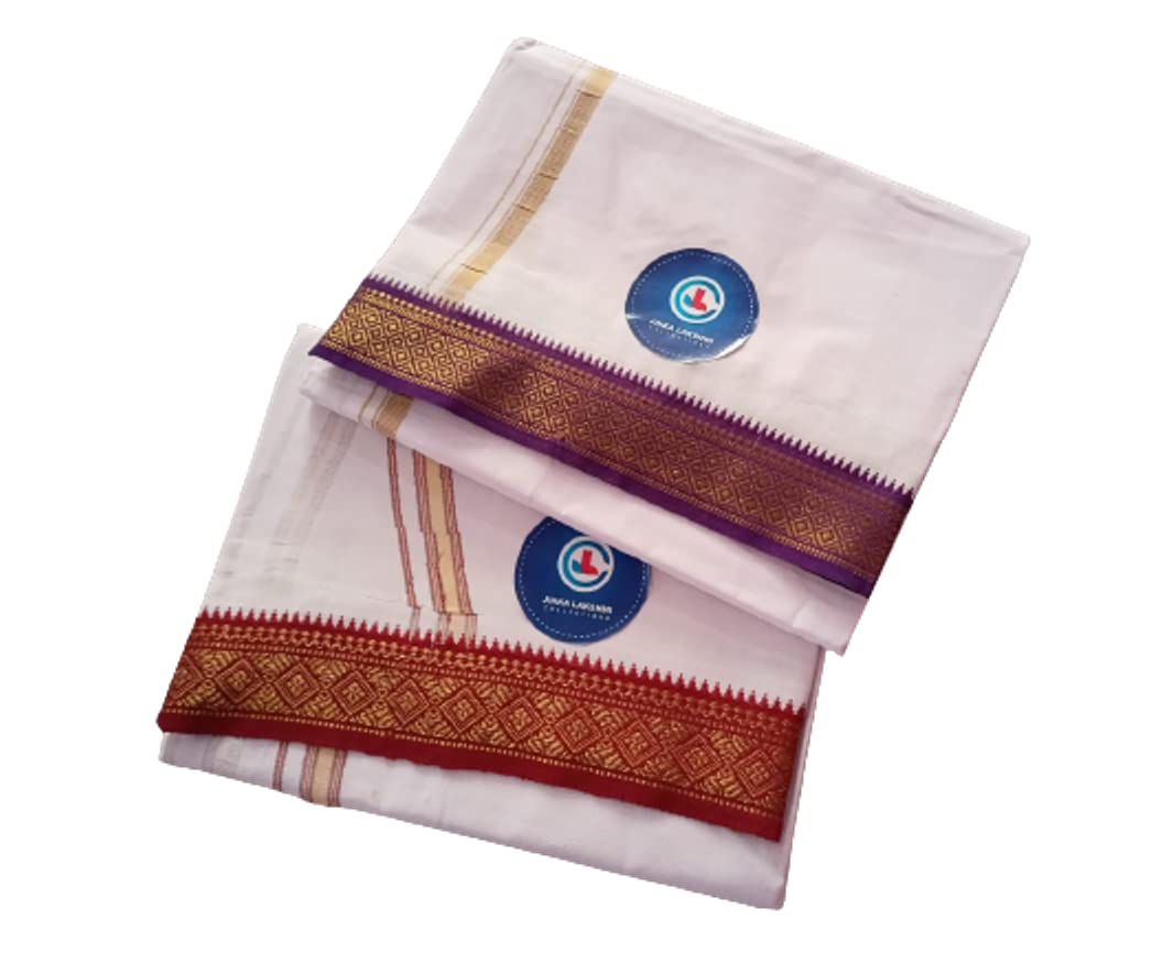 Jinka Lakshmi Collections Combo Handloom White Cotton Dhoti With Big Borders 4 Meters Unstitched Pack of 2 (Multicolor-8)