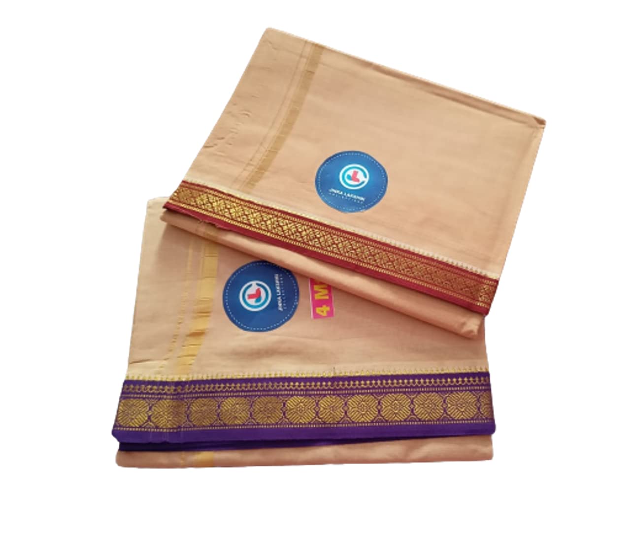 Jinka Lakshmi Collections 100% Handloom Biege Color Cotton Dhoti With Zari Border Up and Down 4 Meters Unstitched Pack of 2 (Multicolor-07)