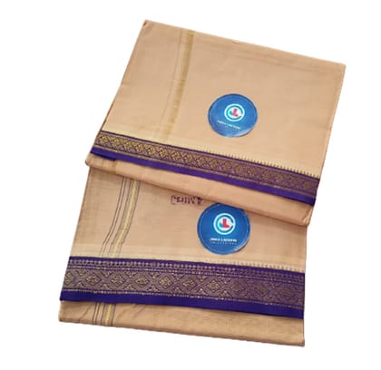 Jinka Lakshmi Collections 100% Handloom Biege Color Cotton Dhoti With Zari Border Up and Down 4 Meters Unstitched Pack of 2 (Multicolor-09)