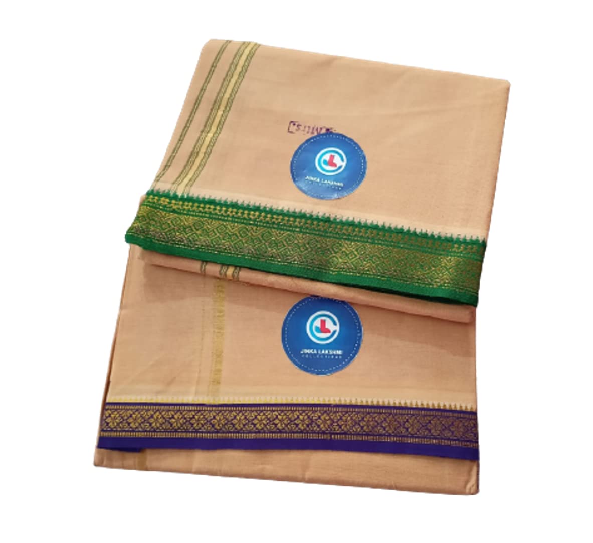 Jinka Lakshmi Collections 100% Handloom Biege Color Cotton Dhoti With Zari Border Up and Down 4 Meters Unstitched Pack of 2 (Multicolor-07)