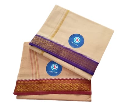 Jinka Lakshmi Collections 100% Handloom Cotton Biscuit Color Dhoti With Zari Border Up and Down 4 Meters Unstitched Pack of 2 (Multicolor-6)