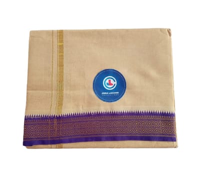 JINKA LAKSHMI COLLECTIONS 100% Pure Cotton Biege Color Dhoti With Zari 4 Meters Unstitched Pack of 1 (Purple Border)