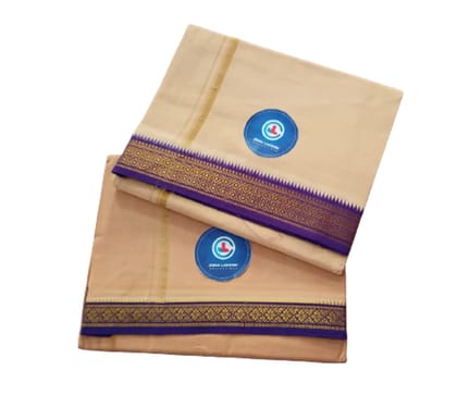 Jinka Lakshmi Collections 100% Handloom Biege Color Cotton Dhoti With Zari Border Up and Down 4 Meters Unstitched Pack of 2 (Multicolor-09)