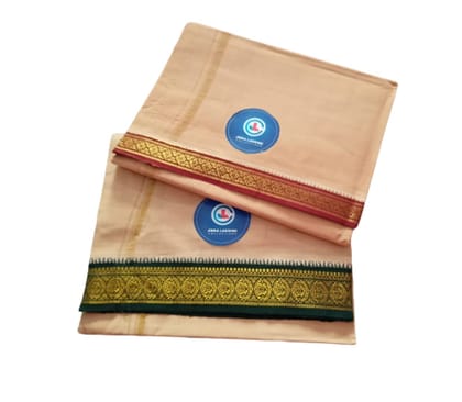 Jinka Lakshmi Collections 100% Handloom Biege Color Cotton Dhoti With Zari Border Up and Down 4 Meters Unstitched Pack of 2 (Multicolor-06)