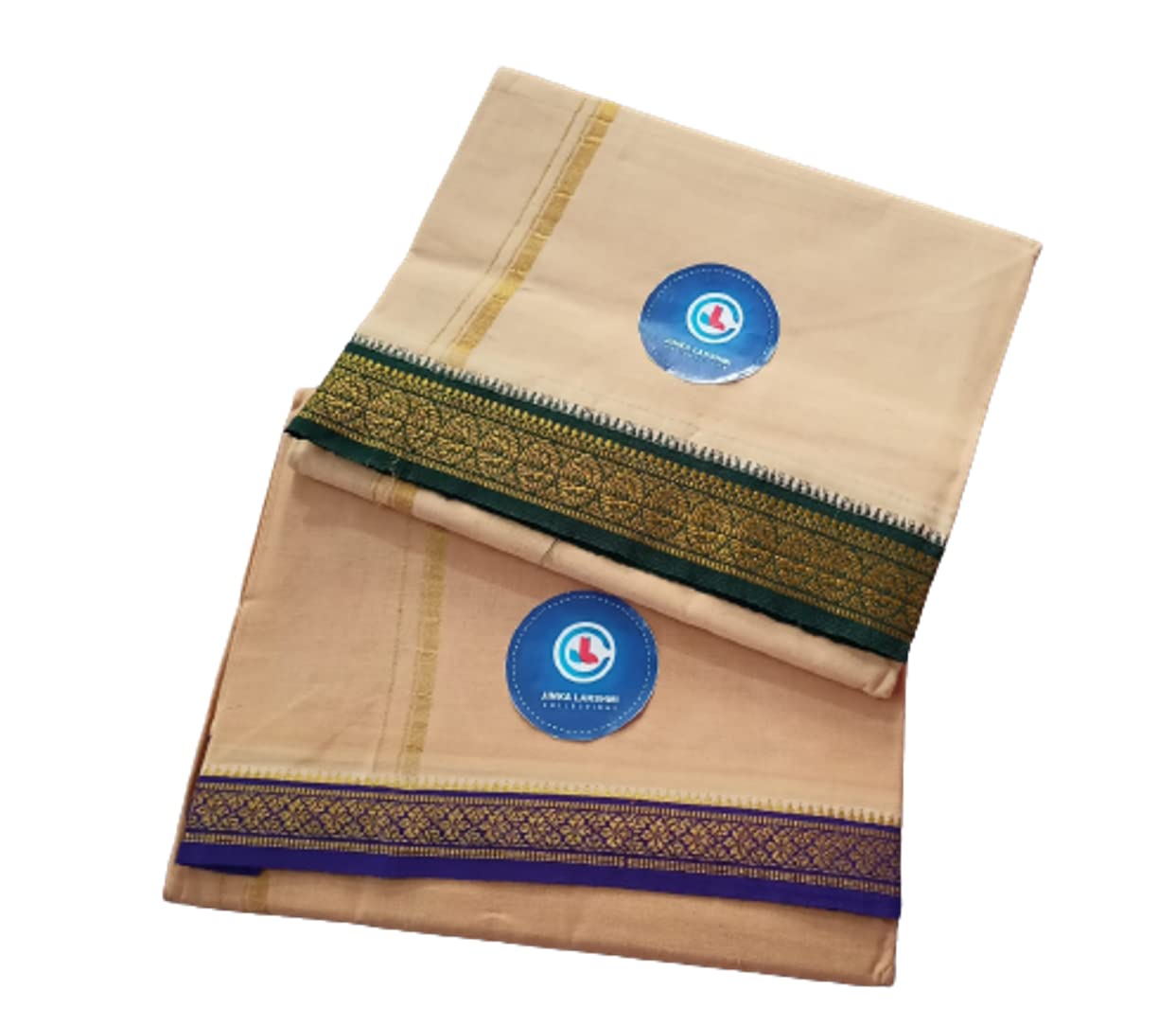 Jinka Lakshmi Collections 100% Handloom Biege Color Cotton Dhoti With Zari Border Up and Down 4 Meters Unstitched Pack of 2 (Multicolor-03)