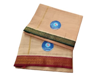 Jinka Lakshmi Collections 100% Handloom Biege Color Cotton Dhoti With Zari Border Up and Down 4 Meters Unstitched Pack of 2 (Multicolor-04)