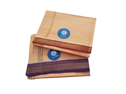 Jinka Lakshmi Collections 100% Handloom Biege Color Cotton Dhoti With Zari Border Up and Down 4 Meters Unstitched Pack of 2 (Multicolor-06)