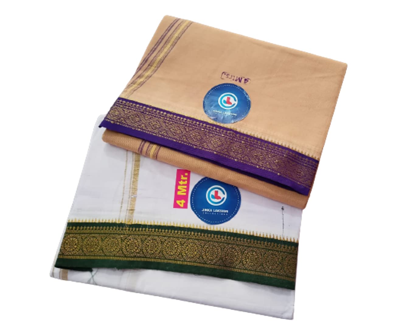 Jinka Lakshmi Collections 100% Handloom Cotton Dhoti With Big Borders 4 Meters Unstitched Pack of 2 (Multicolor-5)