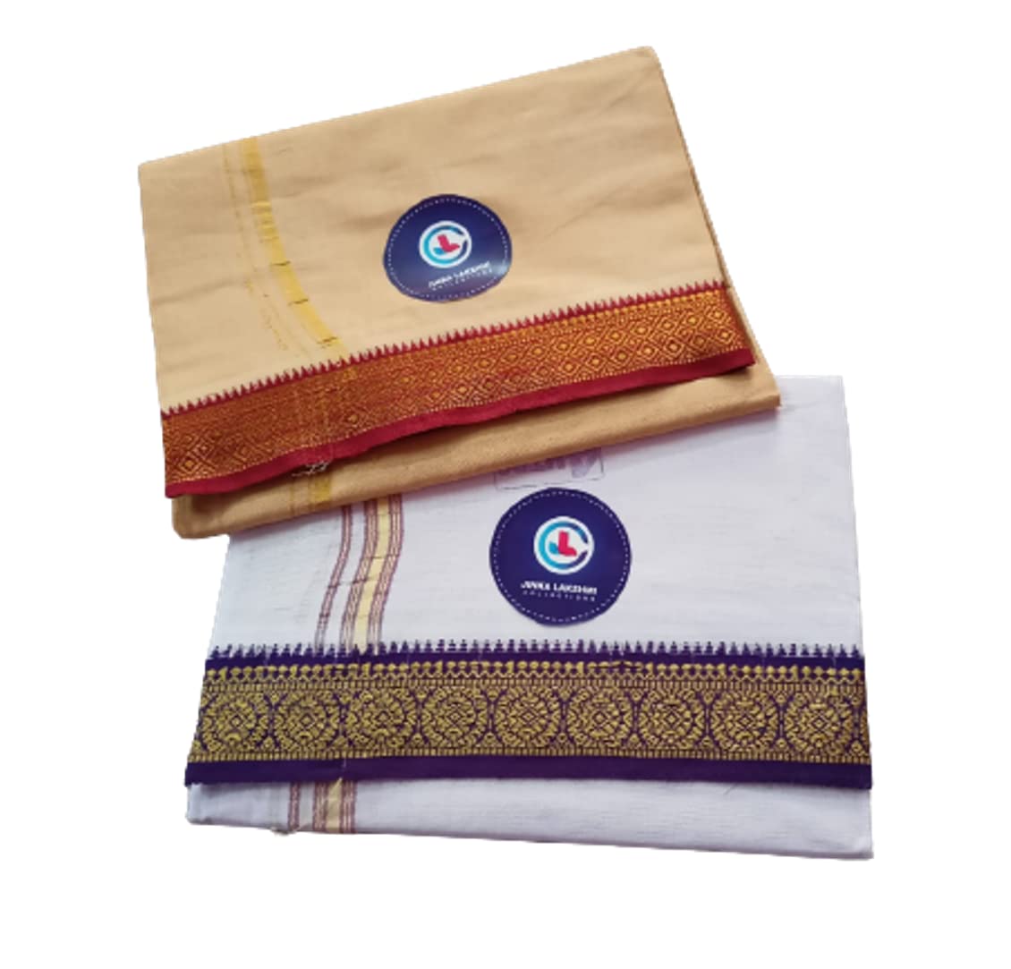 Jinka Lakshmi Collections 100% Handloom Cotton Dhoti With Big Borders Up and Down 4 Meters Unstitched Pack of 2 (Multicolor-9)