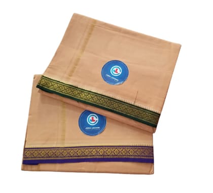 Jinka Lakshmi Collections 100% Handloom Biege Color Cotton Dhoti With Zari Border Up and Down 4 Meters Unstitched Pack of 2 (Multicolor-03)