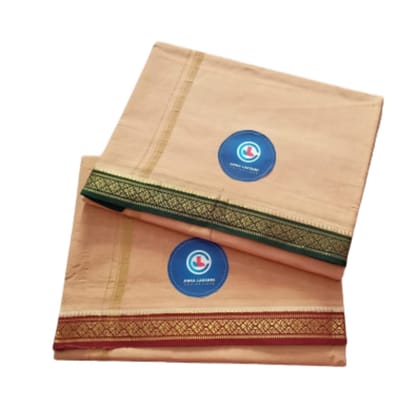 Jinka Lakshmi Collections 100% Handloom Biege Color Cotton Dhoti With Zari Border Up and Down 4 Meters Unstitched Pack of 2 (Multicolor-02)