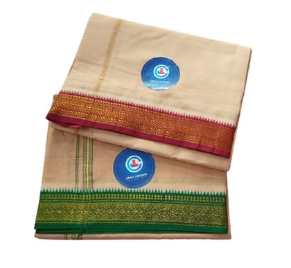 Jinka Lakshmi Collections 100% Handloom Cotton Biscuit Color Dhoti With Zari Border Up and Down 4 Meters Unstitched Pack of 2 (Multicolor-5)