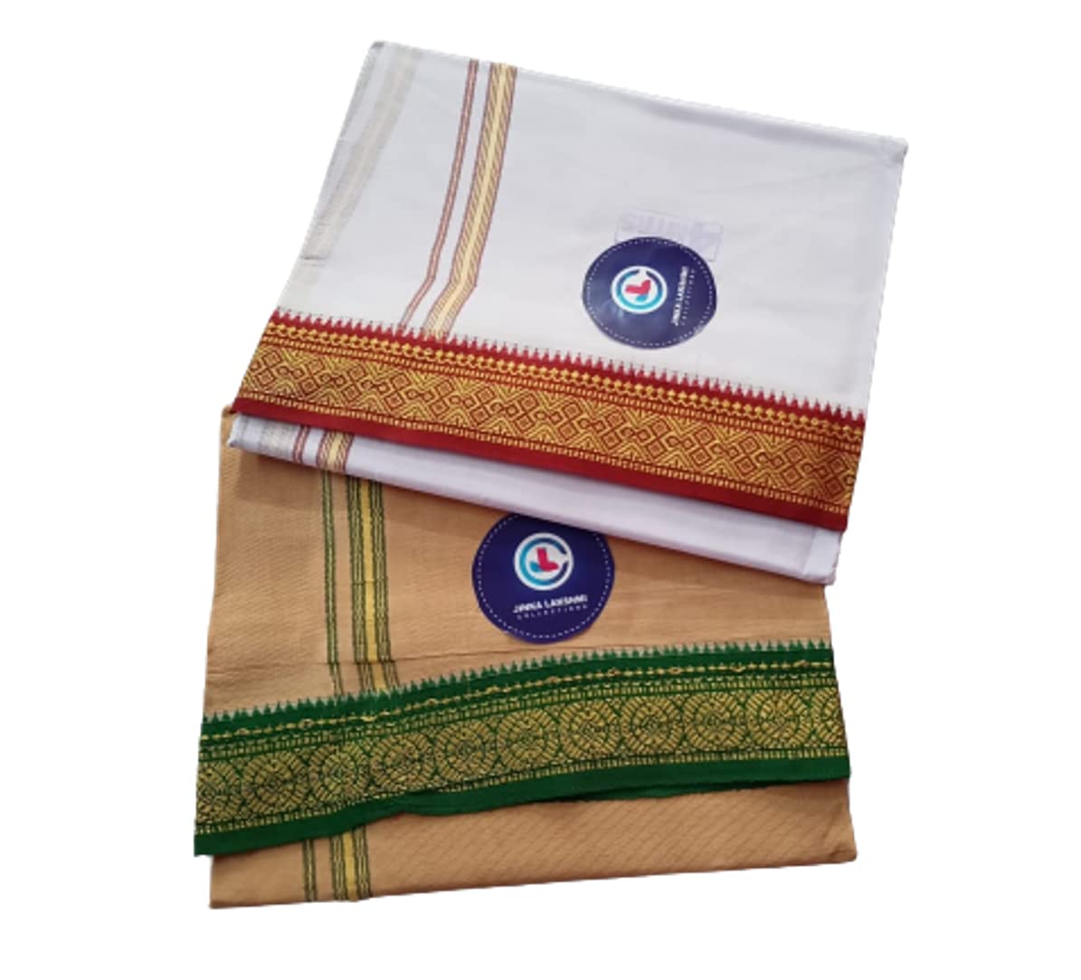 Jinka Lakshmi Collections 100% Handloom Cotton Dhoti With Zari Border Up and Down 4 Meters Unstitched Pack of 2 (Multicolor-6)