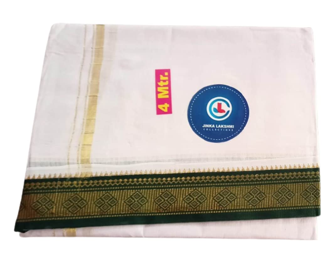 JINKA LAKSHMI COLLECTIONS 100% Cotton Dhoti With Same Big Borders Up and Down 4 Meters Unstitched Pack of 1 (Green Big Border)