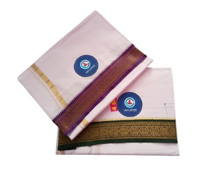Jinka Lakshmi Collections 100% Handloom White Cotton Dhoti With Big Borders 4 Meters Unstitched Pack of 2 (Multicolor-5)