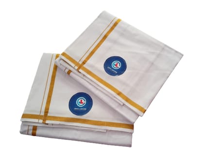 JINKA LAKSHMI COLLECTIONS Pure Cotton White Dhoti 4 Meters Unstitched Pack of 2 (Gold Border Combo)