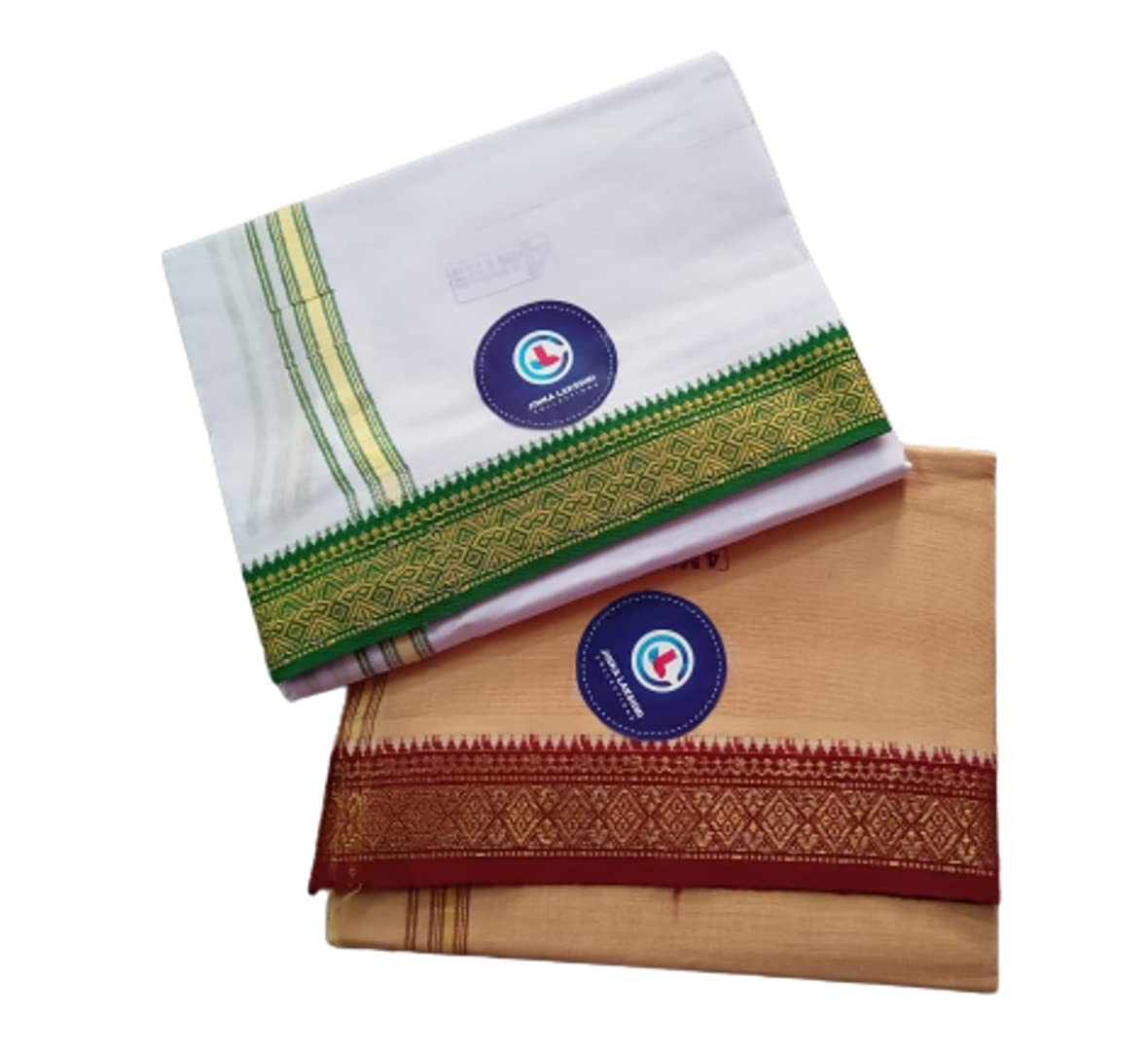 Jinka Lakshmi Collections 100% Handloom Cotton Dhoti With Zari Border Up and Down 4 Meters Unstitched Pack of 2 (Multicolor-4)