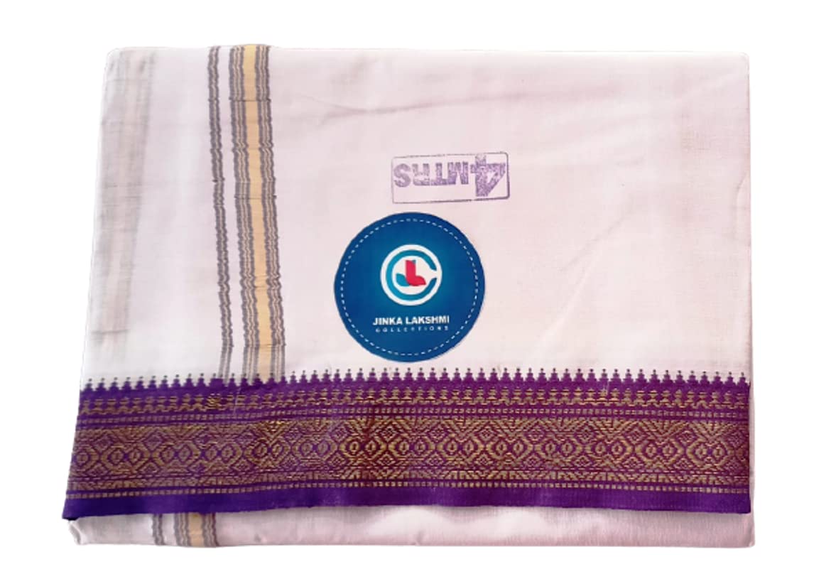 Jinka Lakshmi Collections Handloom Cotton White Dhoti 4 Meters Unstitched Pack of 2 (Multicolor-3)