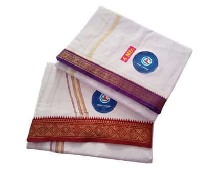 Jinka Lakshmi Collections Combo White Cotton Dhoti With Big Borders 4 Meters Unstitched Pack of 2 (Multicolor-9)