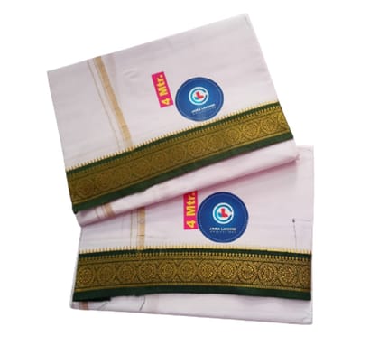 Jinka Lakshmi Collections 100% Handloom White Cotton Dhoti With Big Borders 4 Meters Unstitched Pack of 2 (Multicolor-1)