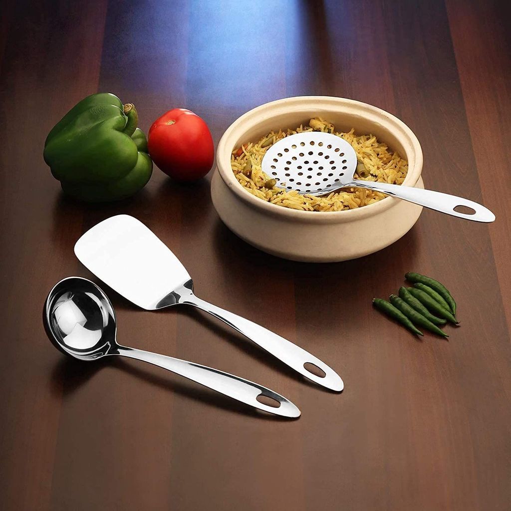 NURAT Stainless Steel Kitchen Tools Laddle, Spoon,Turner Steel Laddle/Spoon/Turner (Set of 3)