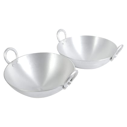NURAT Aluminium Deep Frying Kadhai with Handle - Silver Colour, Pack of 2 Pieces (Size: 2.5 L and 4 L)