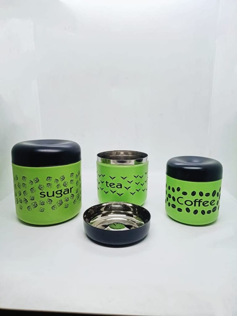 NURAT Homes Decorative Canister Set with Lid for Kitchen Counter Top Airtight Stainless Steel Food Storage Container.CAPACITY: Suger"700ML,Tea"500ML,Coffee"300ML.
