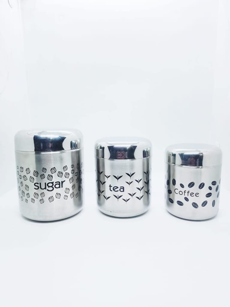 NURAT Stainless Steel Designed Writing Prints Storage Container Jar for Tea,500ml" Coffee,300ml" and Sugar,700ml (Silver)