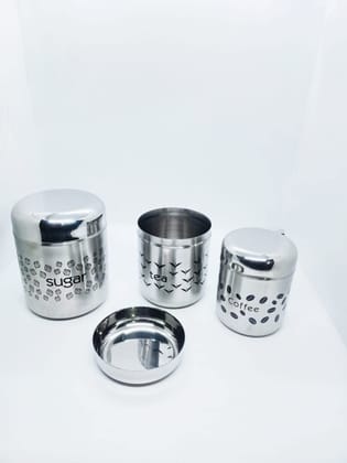 NURAT Stainless Steel Designed Writing Prints Storage Container Jar for Tea,500ml" Coffee,300ml" and Sugar,700ml (Silver)