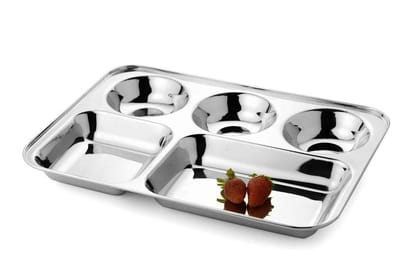 NURAT Stainless Steel Lunch/Dinner Plate/Bhojan/Plate/Mess Tray 5 in 1 Compartments Set (Pack of 6)