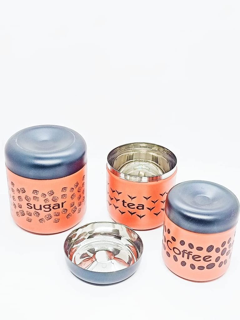 NURAT Stainless Steel Container for Storaging Tea Coffee Sugar & Dry Fruits (Matt Finish) (RED)- 3 PC Set. Suger 700ml Tea 500ml Coffee 300ml