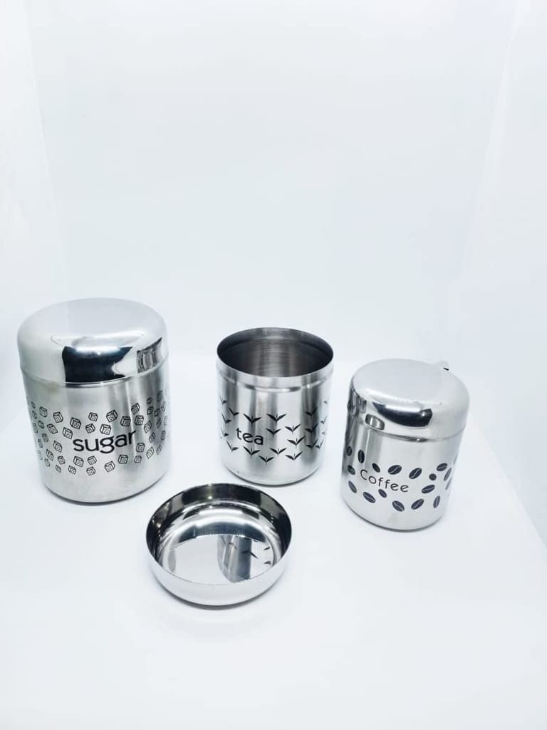 NURAT Stainless Steel Laser Printed Medium Size Containers For Kitchen set of 3 , silver , 700ml,500ml.&,300ml