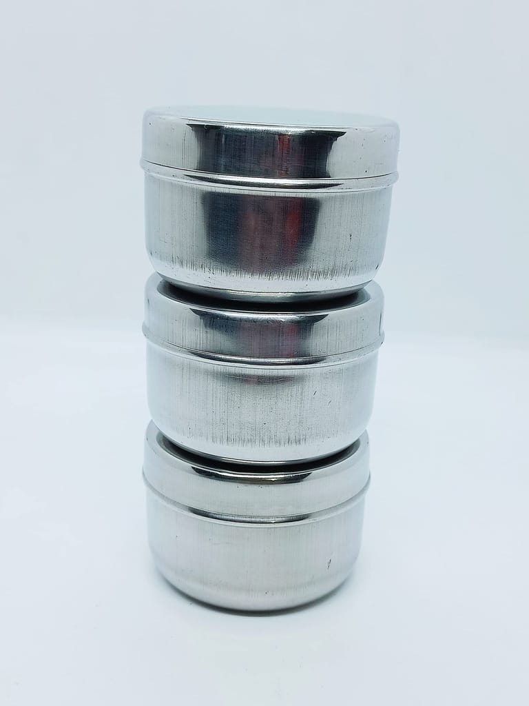 NURAT Stainless Steel Flat Steel Dabbi/Fridge Container 80 ml (Pack of 3)