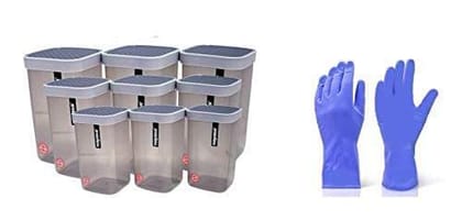 Nayasa Fusion Deluxe Containers Box/Polypropylene Grocery Container, Pack of 9 (1500ml 3Pcs, 1000ml 3Pcs, 750ml 3Pcs) (Grey) and 1 Pair Cleaning Gloves