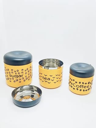 NURAT Stainless Steel Design Jar | Container | Canister set for Tea, Coffee & Sugar | Tea Coffee Sugar Containers Set of 3 | Yellow | 700ml,500ml,300ml
