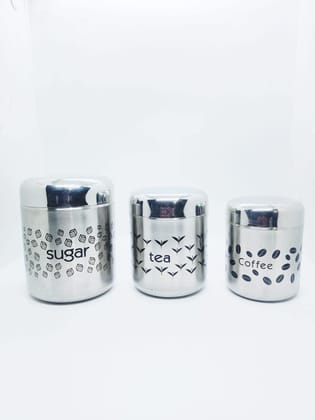 NURAT CANISTERS WITH COFFEE,SUGAR,AND TEA WRITING PRINTS CONTAINER (SILVER) (CAPACITY:SUGAR 700ML:TEA 500ML:COFFEE 300ML)