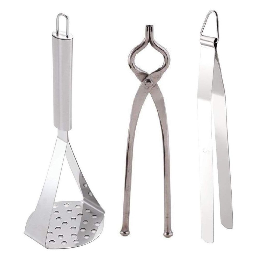 NURAT Combo of 3 Steel Kitchen Accessories for Cooking | Pakkad/Sansi-Chimta/Chipya-Bhaji Masher | Pack of 3 | Silver | Stainless Steel Kitchen Items for Home Cooking