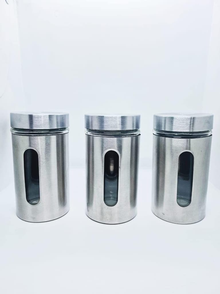 NURAT Clear Glass Steel Window Jars for Kitchen Storage Food Spices Canister, Airtight Food Storage |Airtight Steel Container Set for Kitchen (800 ML) Set of 3
