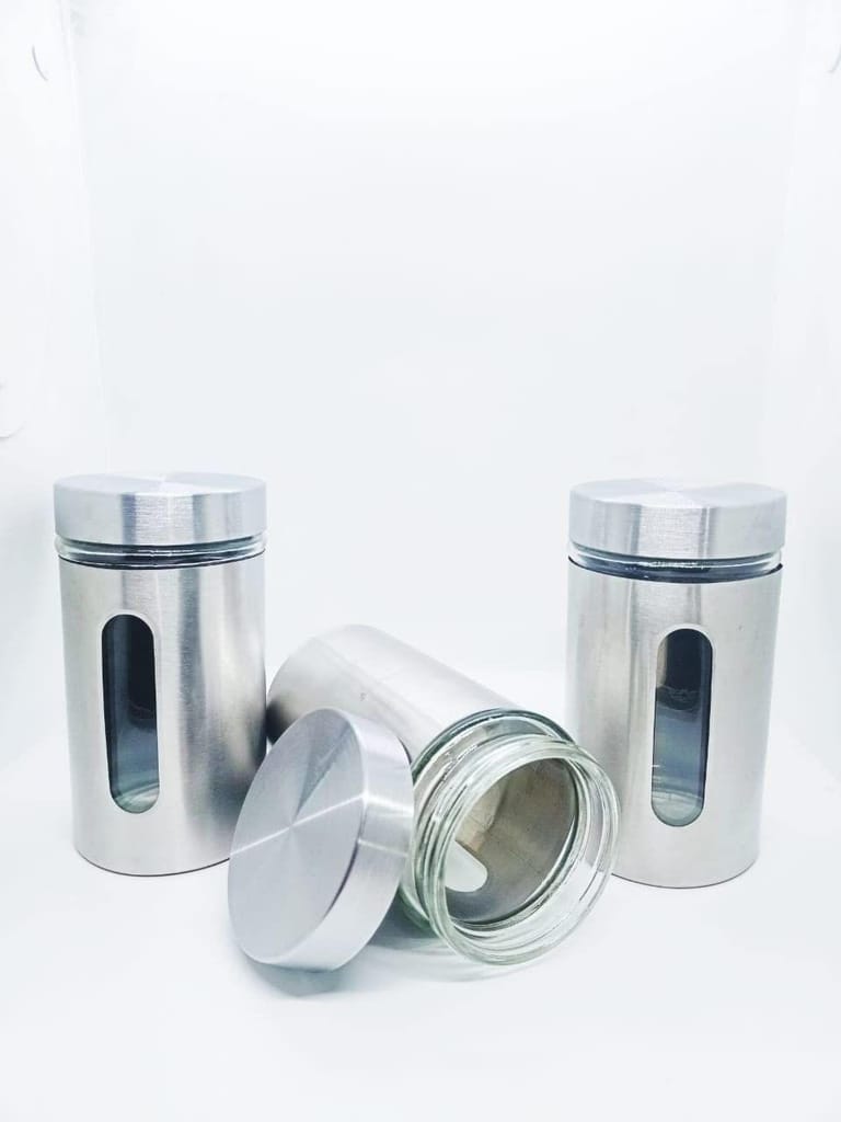 NURAT Clear Glass Steel Window Jars for Kitchen Storage Food Spices Canister, Airtight Food Storage |Airtight Steel Container Set for Kitchen (800 ML) Set of 3