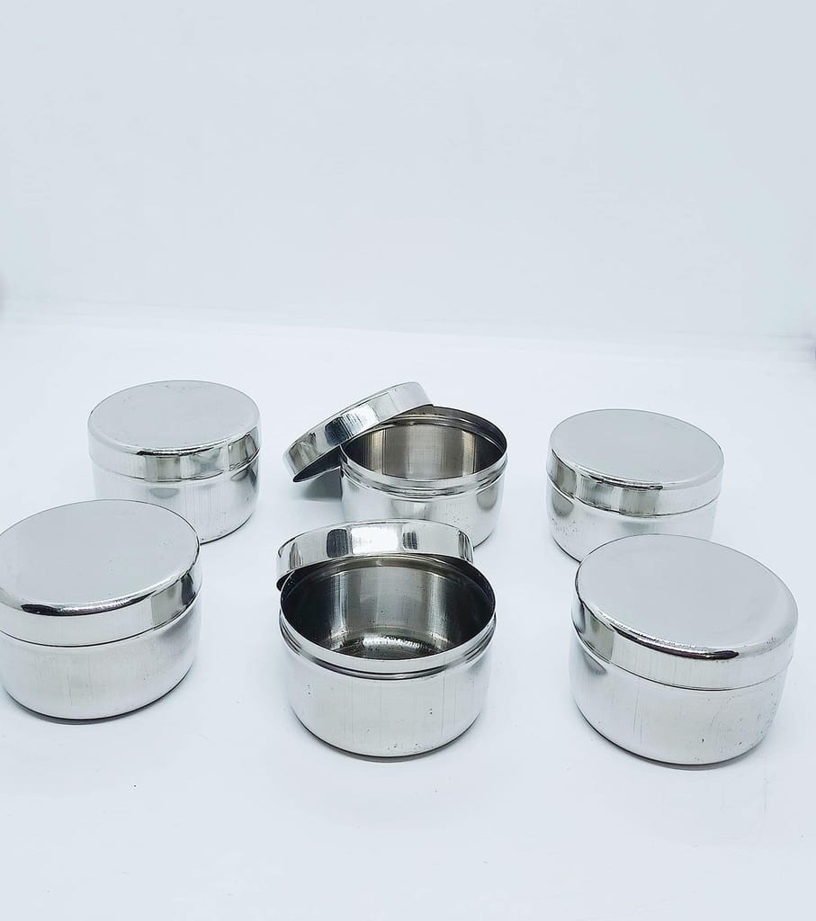 NURAT Stainless Steel Flat Steel Dabbi/Fridge Container 50 ml (Pack of 6)